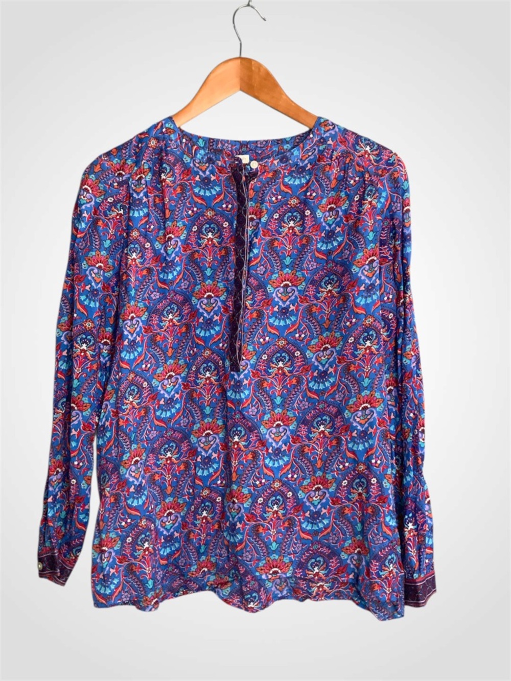 LOFT Softened Purple & Blue Print Long-Sleeve Blouse Medium